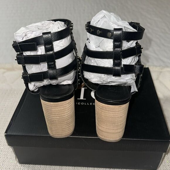 VICI 10 Celeste Black Metallic Studded Block Heel Strappy Multi Buckle Sandal - Picture 6 of 13